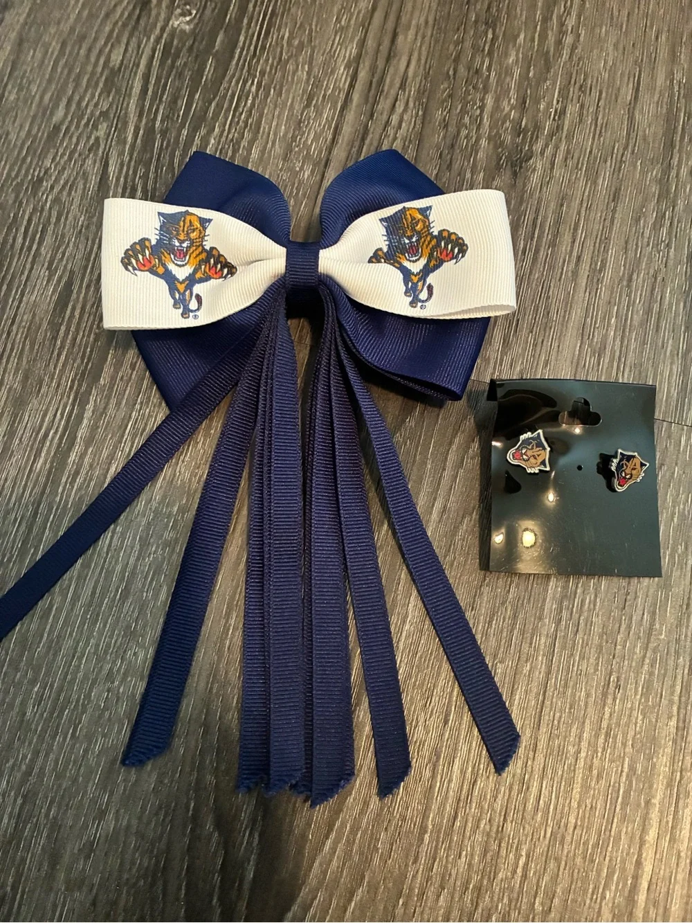 Navy and White Tiger Bow Hair Accessory Set and Earrings